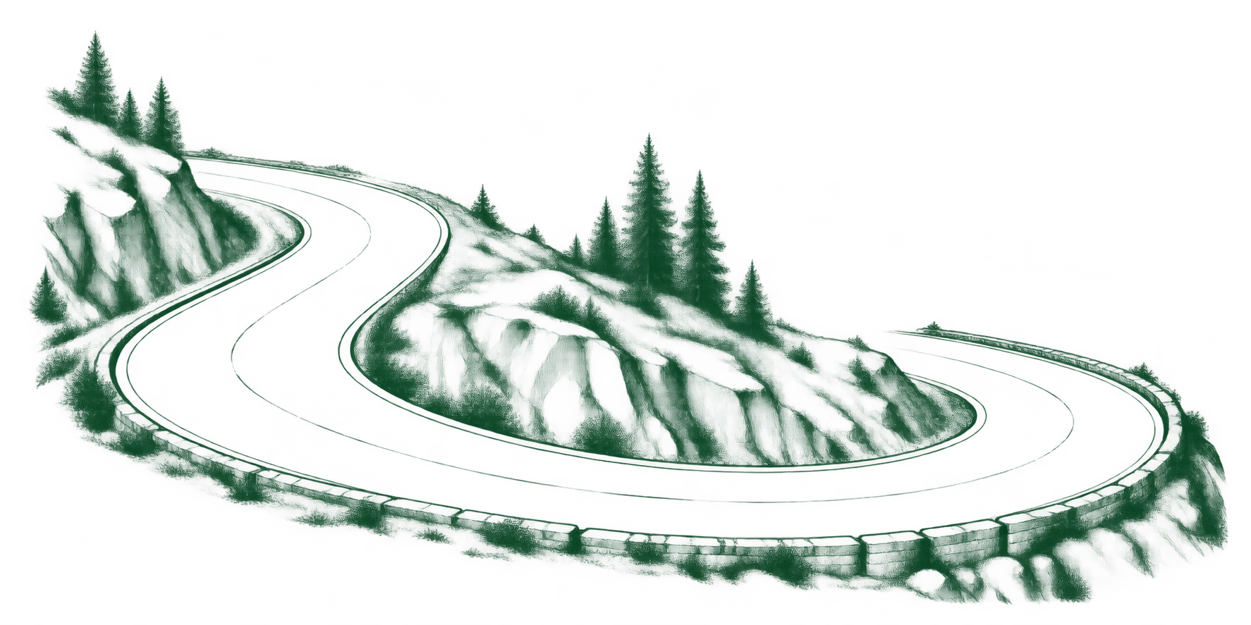 Interpretive illustration of a mountain-road hairpin, referencing the historic Galena Spiral.